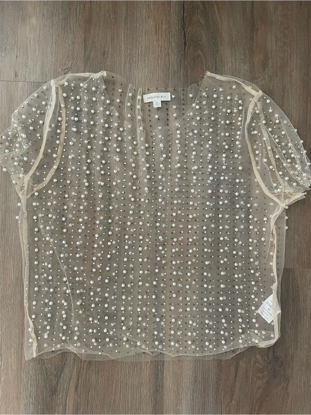 Endless Blu Beige Pearl-Embellished Sheer Crop Top